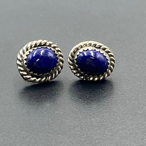 Vintage Sterling Silver Blue Lapis Lazuli Oval Stud Earrings Rope Border Signed - Picture 1 of 15